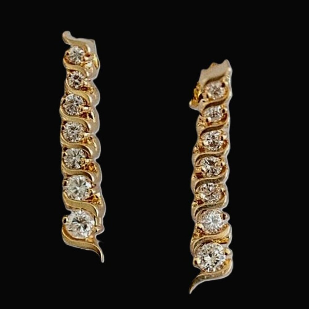 VINTAGE 14 KARAT YELLOW GOLD DIAMOND 'S' BAR TENNIS  DROP STATEMENT EARRINGS
